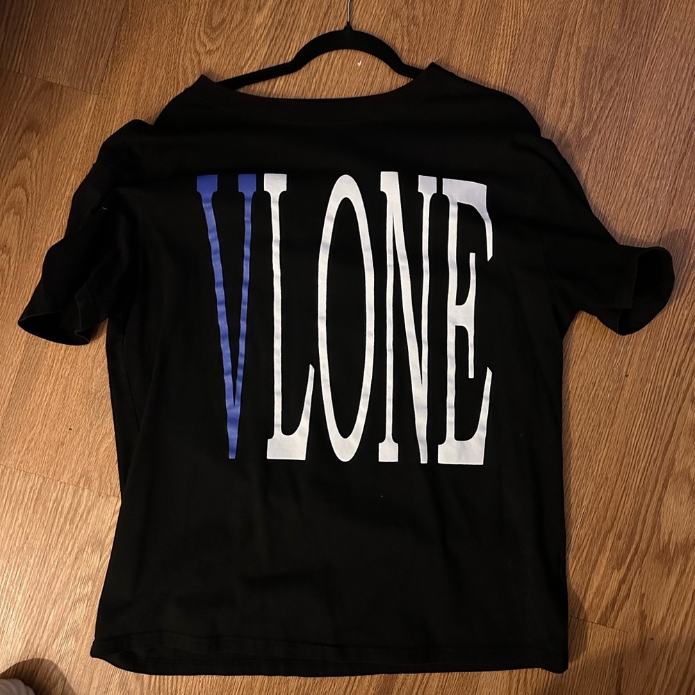 VLONE Black Tee with Blue and White Lettering
